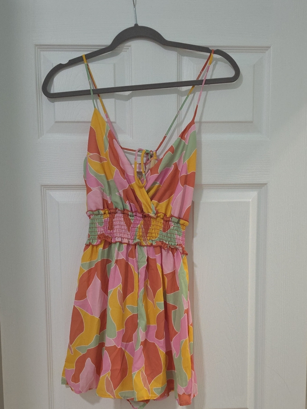 Pink Lily Pastel Abstract Print Romper in Pink, Yellow, Green